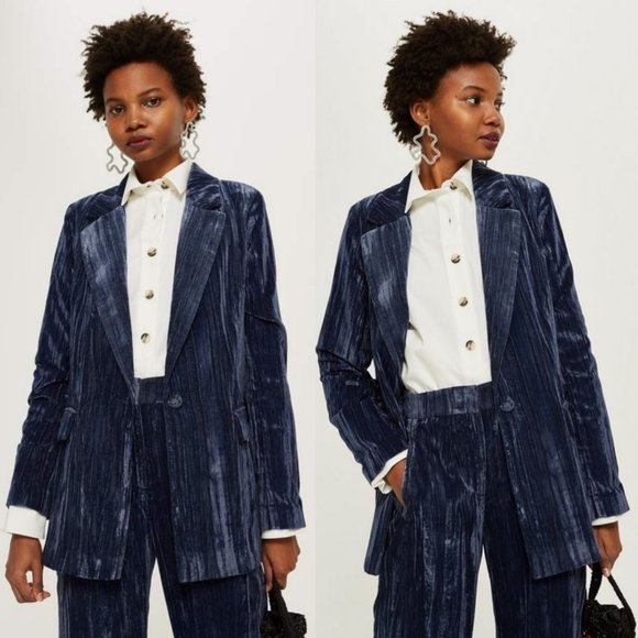 Topshop 2 PC Set Textured Velvet Blazer Jacket & Trouser Pant Blue Size 2 - Picture 16 of 16